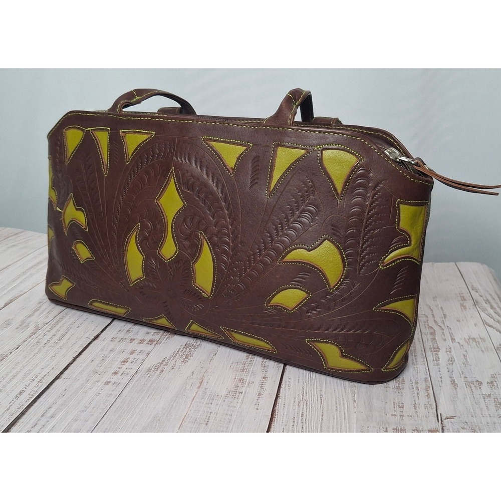 JL Saldivar Hand Tooled Leather Western Floral Artisan Brown/Green Shoulder Bag